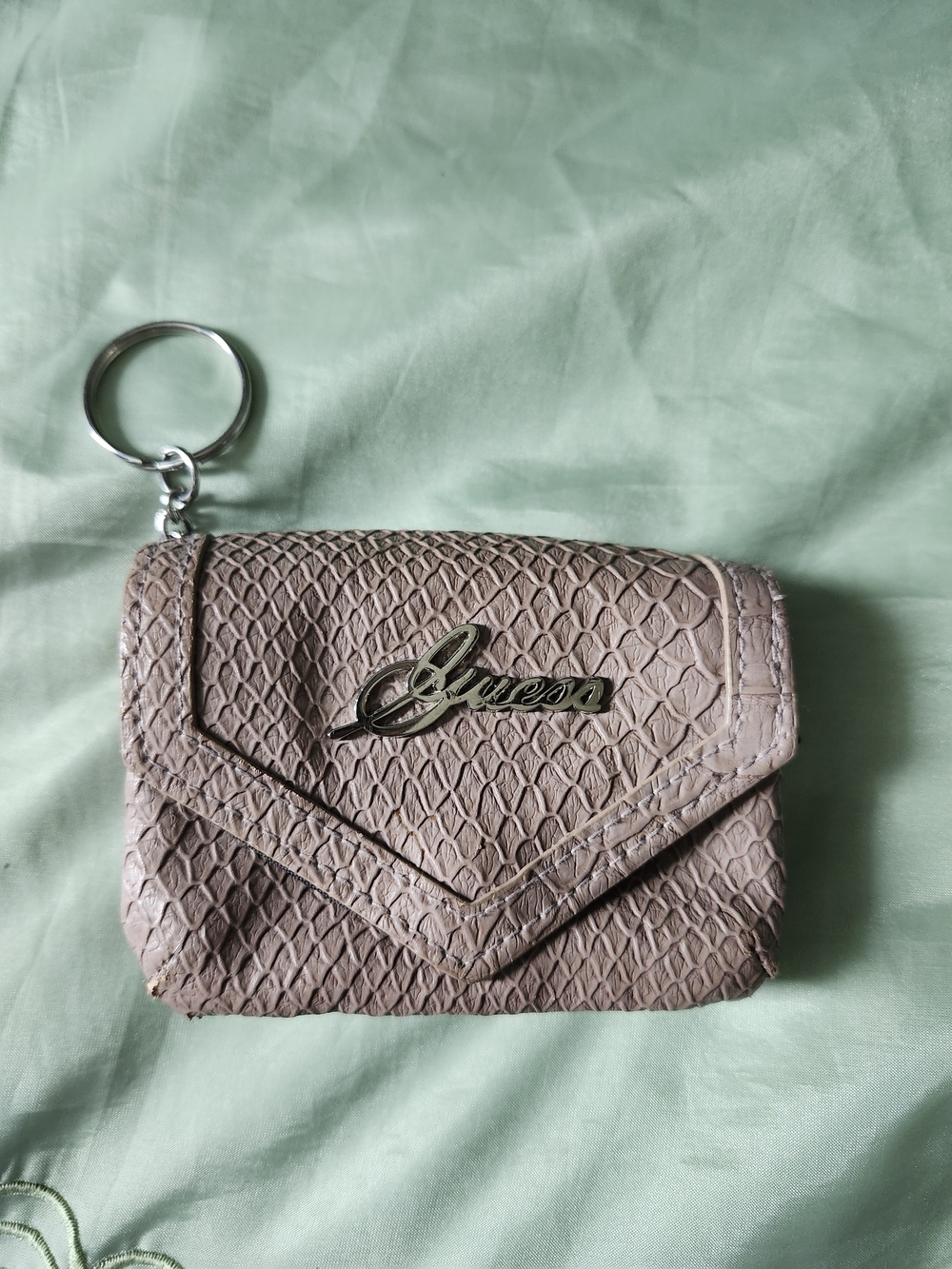 Guess Keychain Coin/ Wallet in Taupe Snake-Embossed Leatherette
